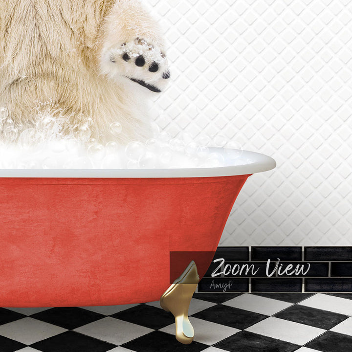 A white polar bear is standing in a red bathtub filled with bubbles, with a black and white checkered floor and a tile wall in the background.