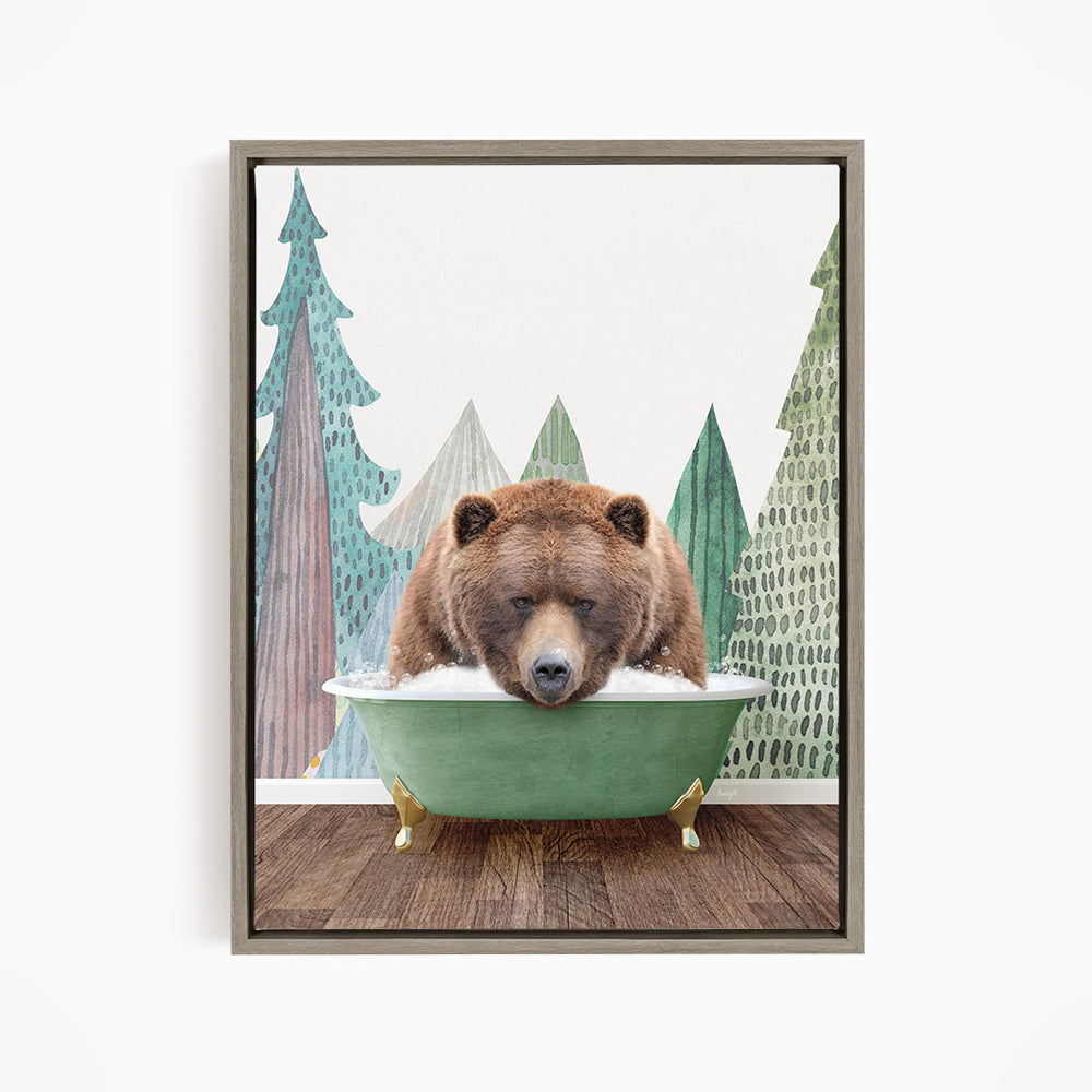 A brown bear is sitting in a green bathtub, surrounded by a forest scene with trees and a cloudy sky.