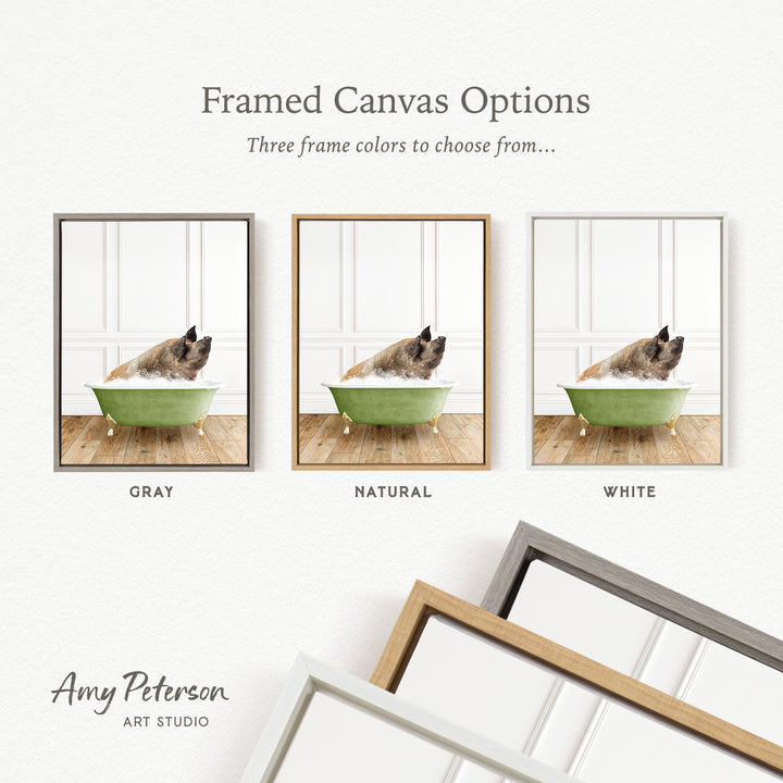 three framed canvas options, each featuring a different color of frame: gray, natural, and white. The canvas images show a dog sitting in a green tub, and the frames are arranged in a row below the canvas images.