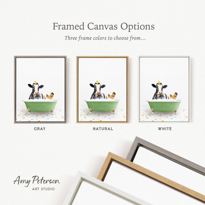 three framed canvas options featuring a cow sitting in a bathtub, with different frame colors to choose from.