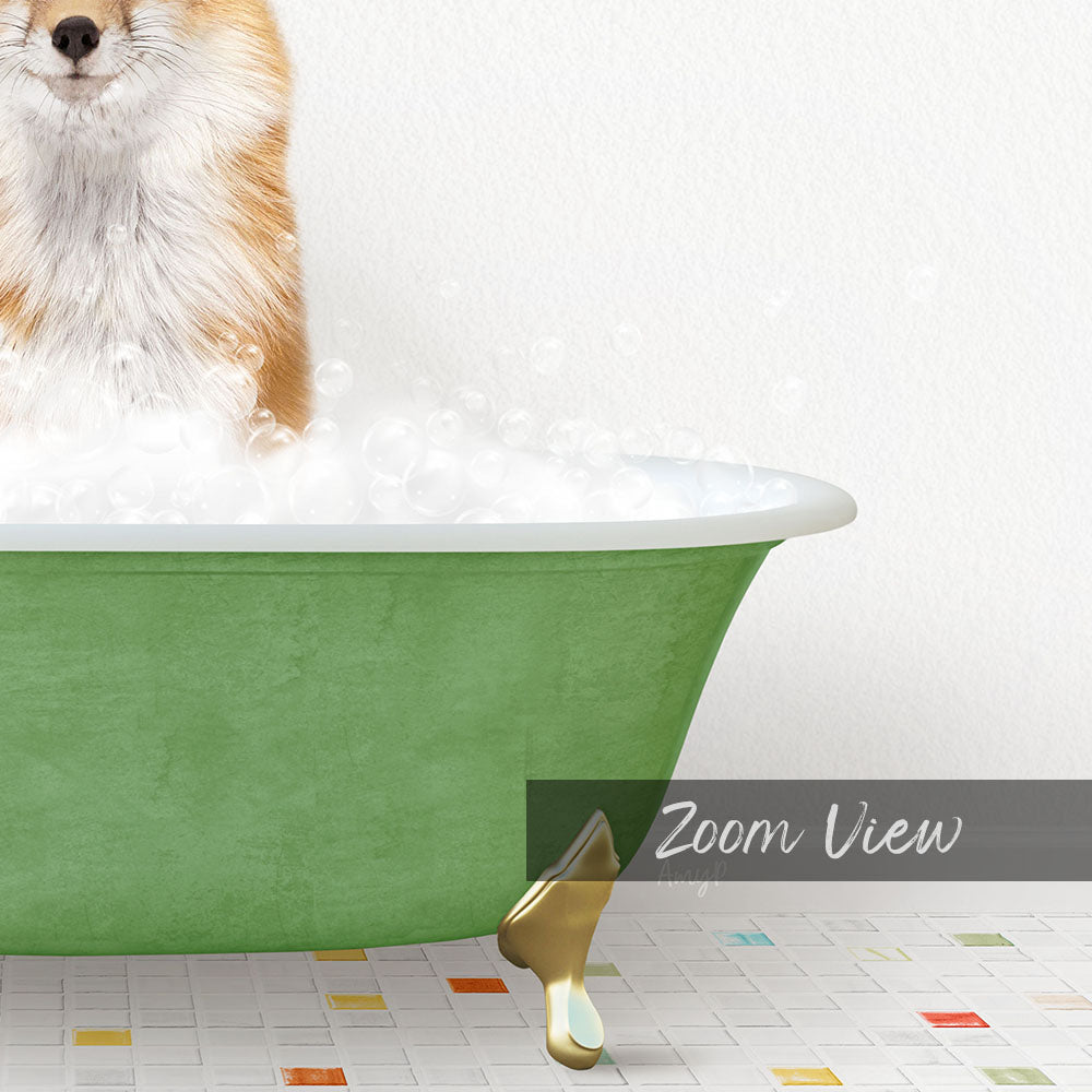 A fluffy dog is sitting in a green bathtub filled with bubbles, enjoying a bath.