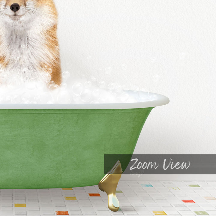 A fluffy dog is sitting in a green bathtub filled with bubbles, enjoying a bath.