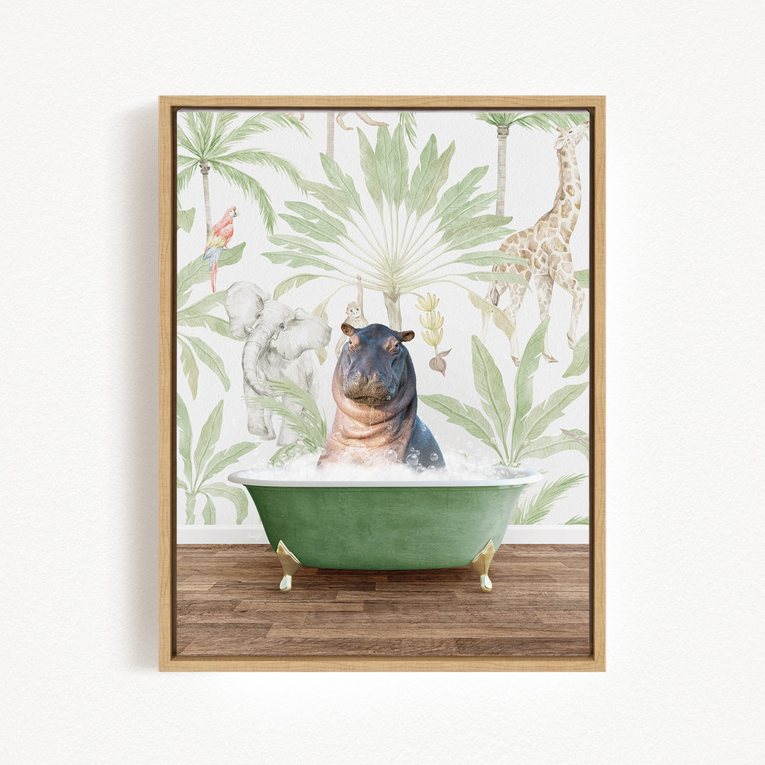 A framed print depicting a hippopotamus sitting in a green bathtub, surrounded by tropical foliage and animals.