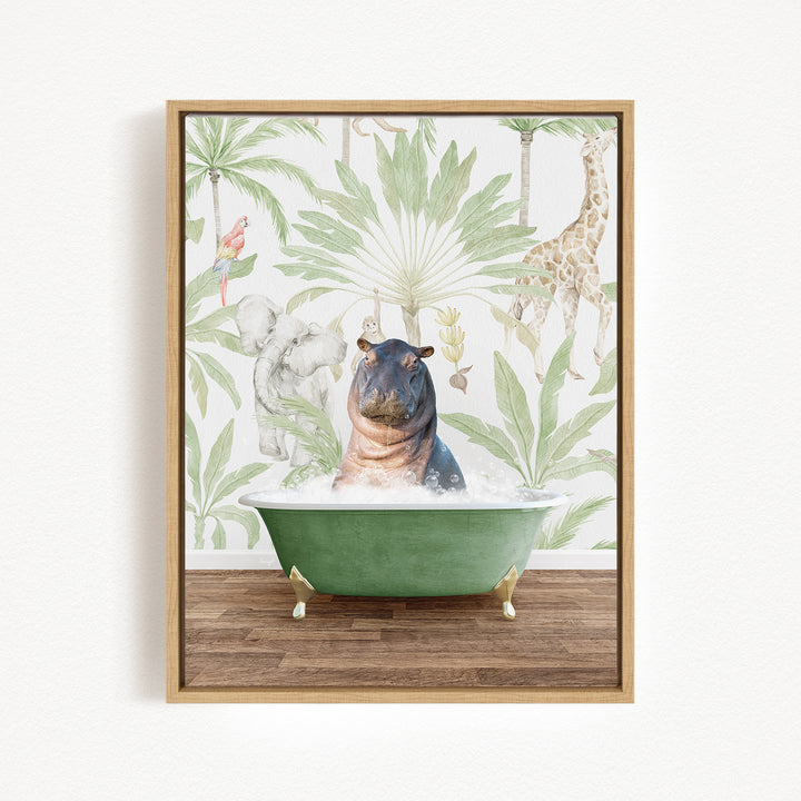 A framed print depicting a hippopotamus sitting in a green bathtub, surrounded by tropical foliage and animals.
