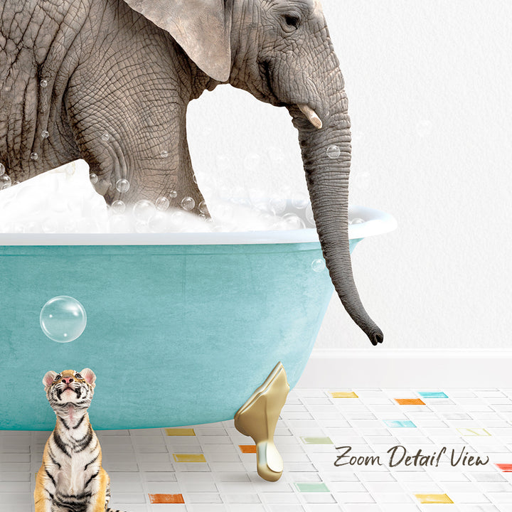 An elephant is taking a bath in a blue tub, while a tiger stands nearby, observing the scene.