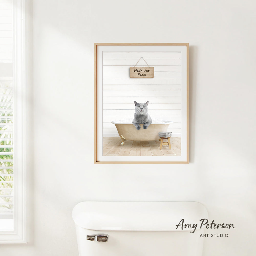 A framed image of a gray cat sitting in a bathtub, with a sign above it that says "Wash Your Face".