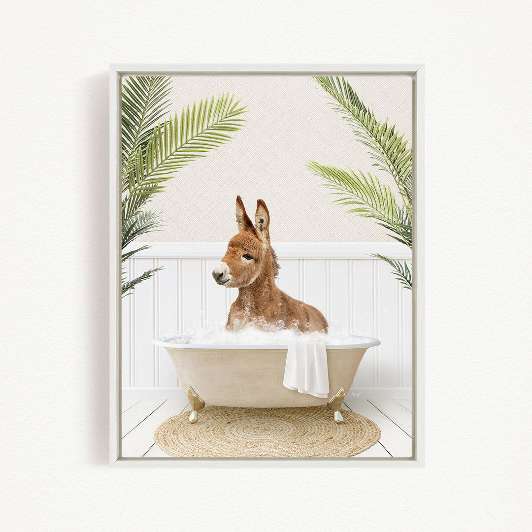 A donkey is sitting in a bathtub filled with water, surrounded by palm leaves, creating a whimsical and playful scene.