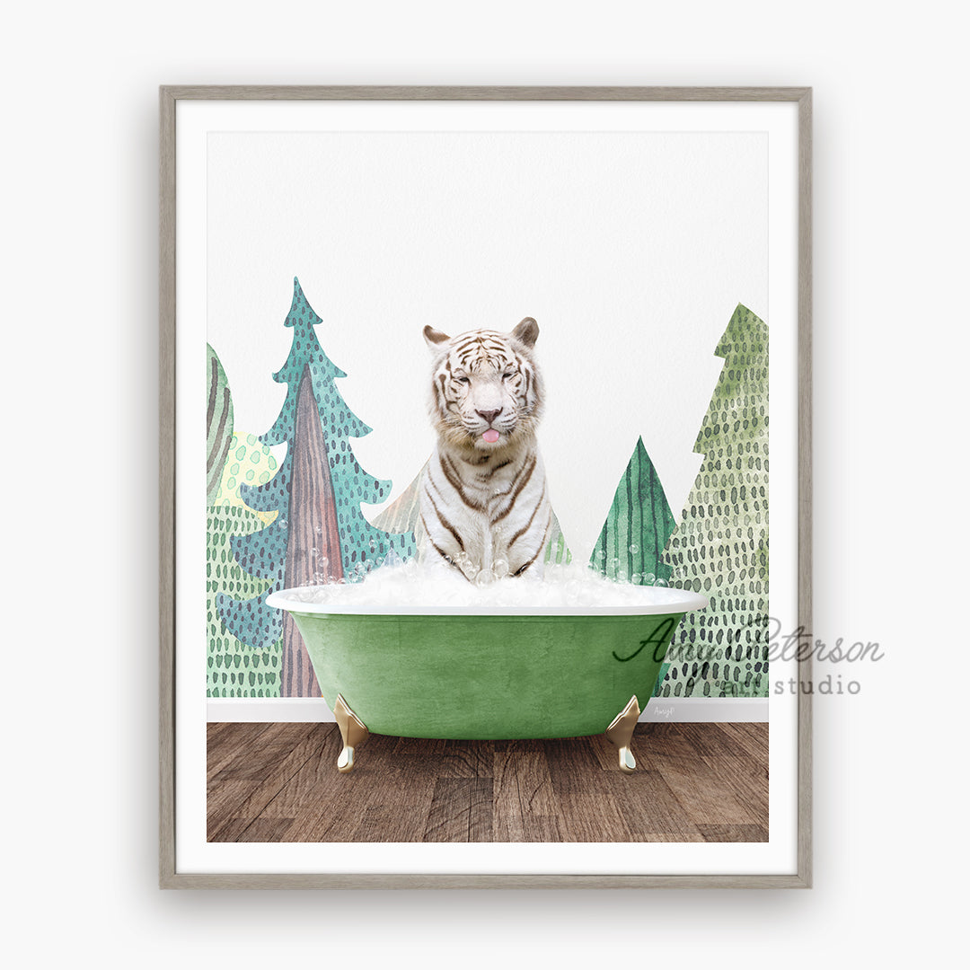 a white tiger sitting in a green bath tub