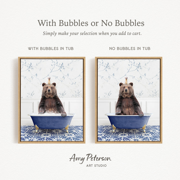The image is a collage of two framed pictures featuring a bear sitting in a bathtub. The bear is sitting on a blue bathtub with a white floral pattern on the side. The bear appears to be enjoying the bath, and the bathtub is filled with water. The collage is titled "With Bubbles or No Bubbles" and is created by Amy Peterson from Art Studio.