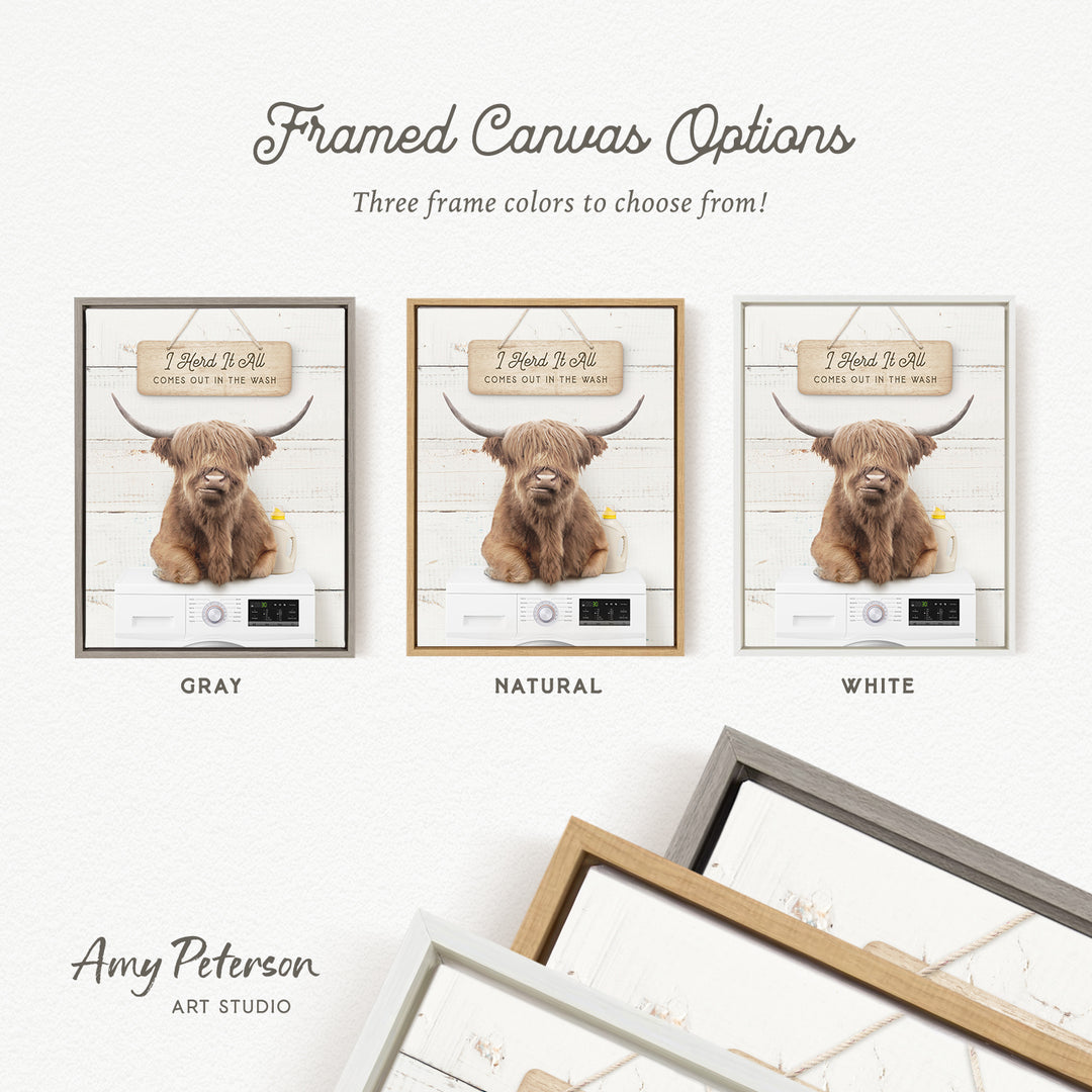 The image is a framed canvas option featuring a close-up of a Highland cow with horns, accompanied by three different frame colors: gray, natural, and white.