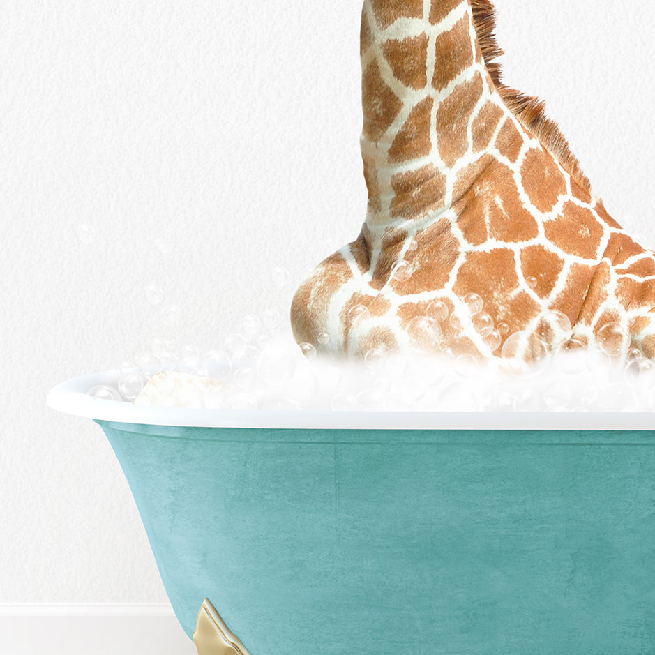 a giraffe sticking its head out of a bathtub