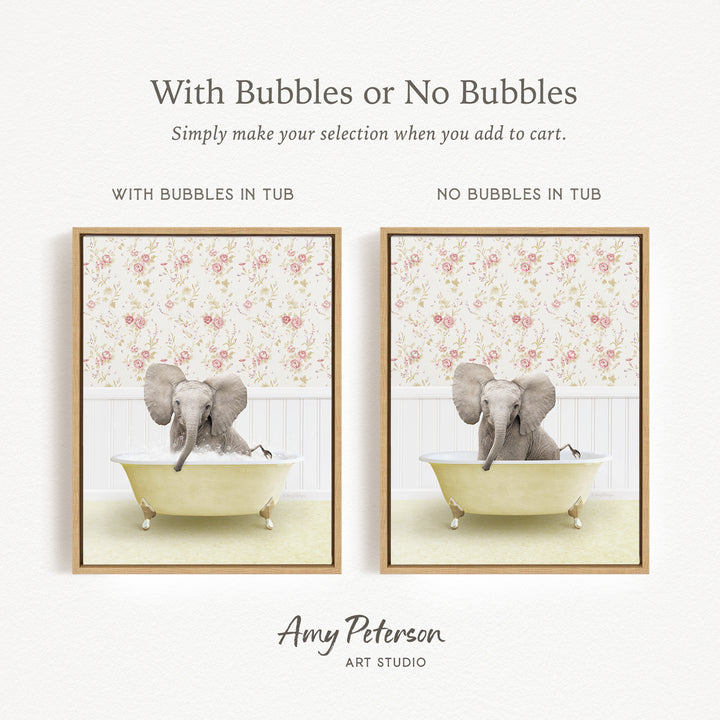 The image is a collage of two pictures featuring an elephant sitting in a bathtub. The first picture has bubbles in the tub, while the second picture does not have bubbles. The text above the images reads "With Bubbles or No Bubbles Simply make your selection when you add to cart."