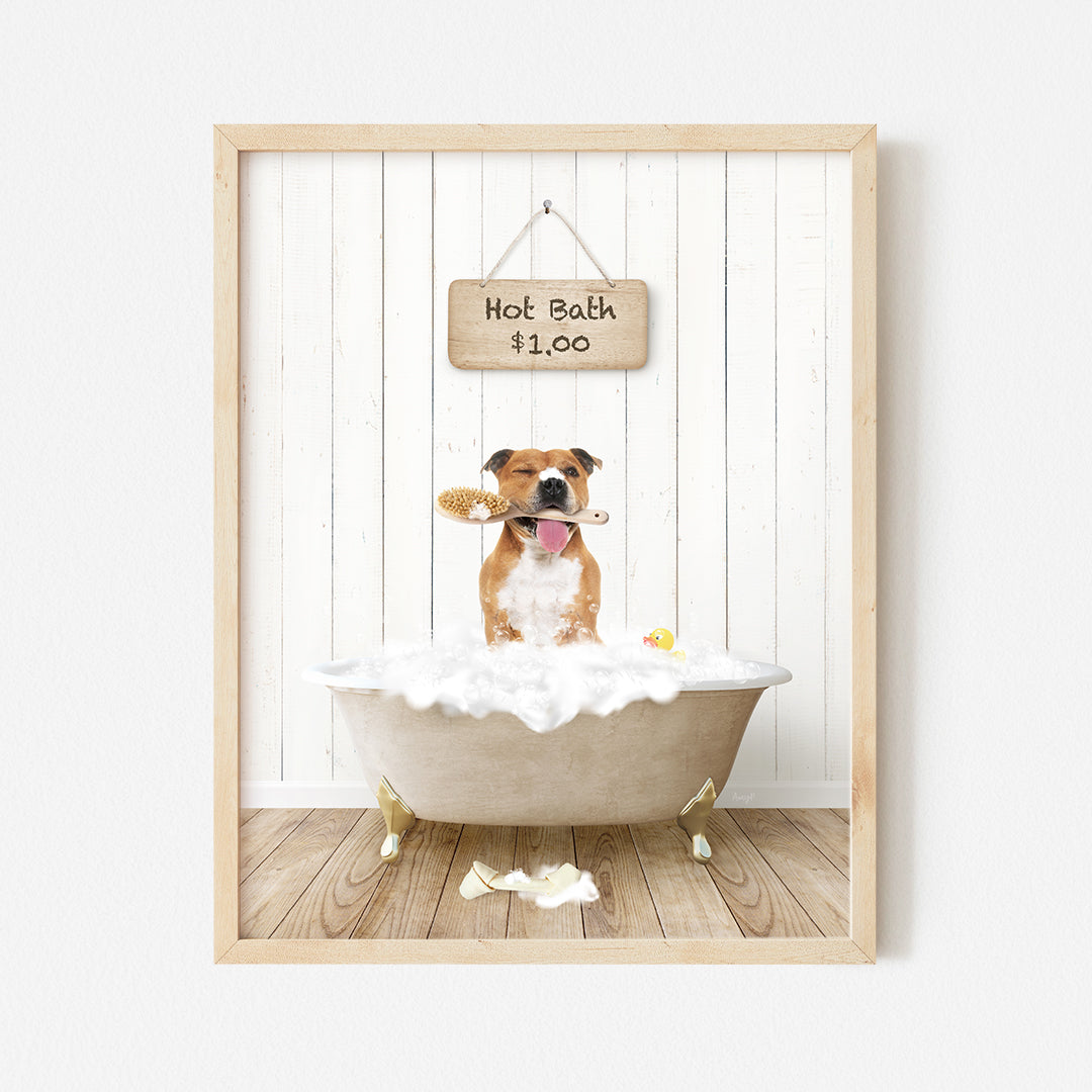 a dog sitting in a bathtub with a sign above it