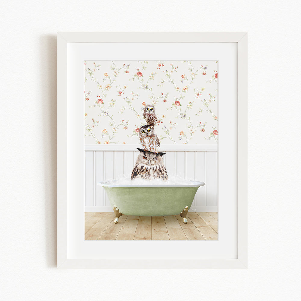 A framed image depicting a group of owls sitting in a green bathtub, with a floral wallpaper in the background.