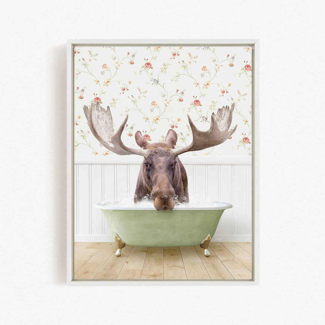 A moose with large antlers is sitting in a green bathtub, surrounded by a floral wallpaper.