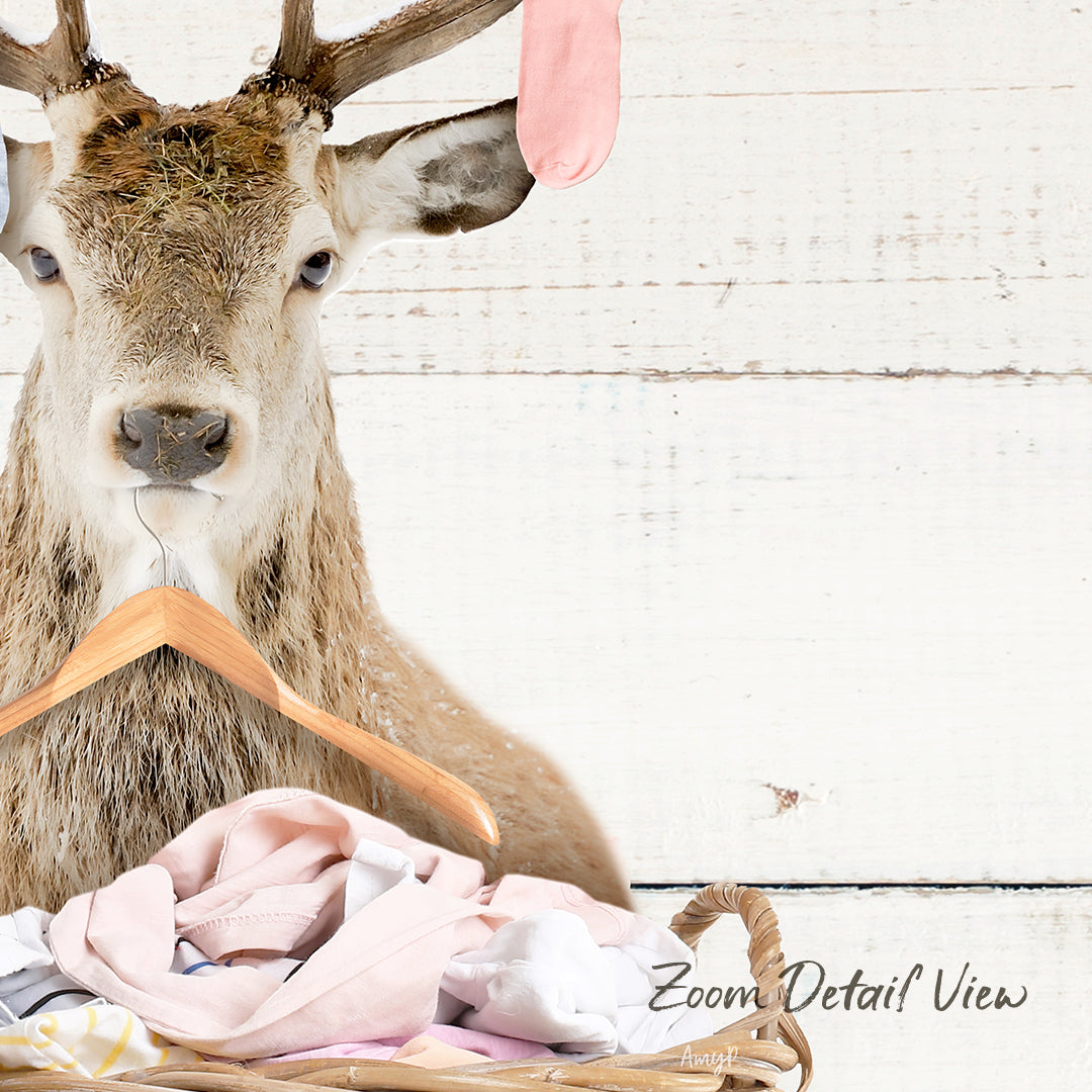 A deer head is mounted on a wooden hanger, holding a basket filled with clothes, against a white wooden background.