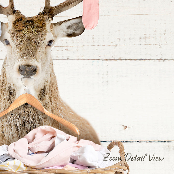 A deer head is mounted on a wooden hanger, holding a basket filled with clothes, against a white wooden background.