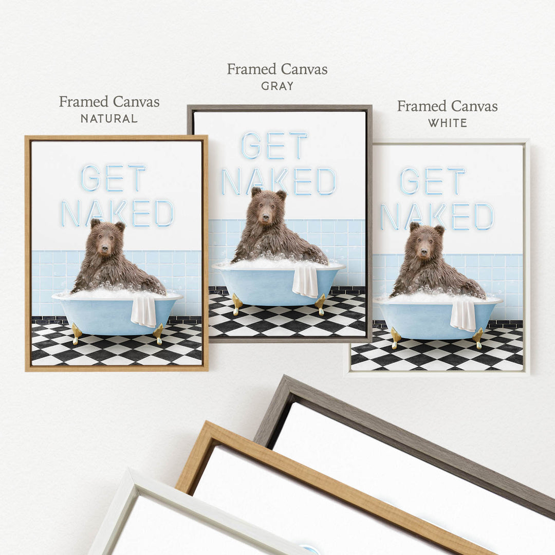 a framed canvas with a brown bear sitting in a bathtub, surrounded by a checkered floor and a towel.