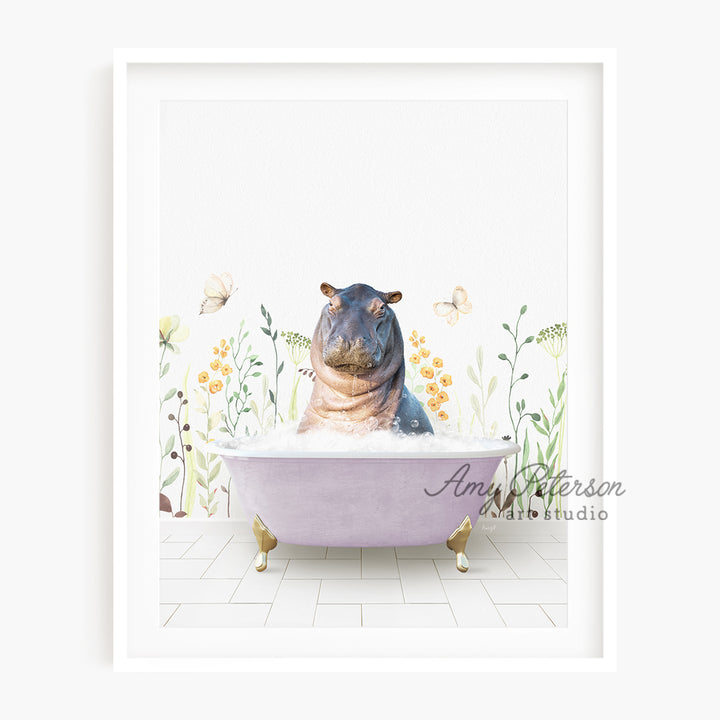 a hippo in a bathtub with flowers on the wall