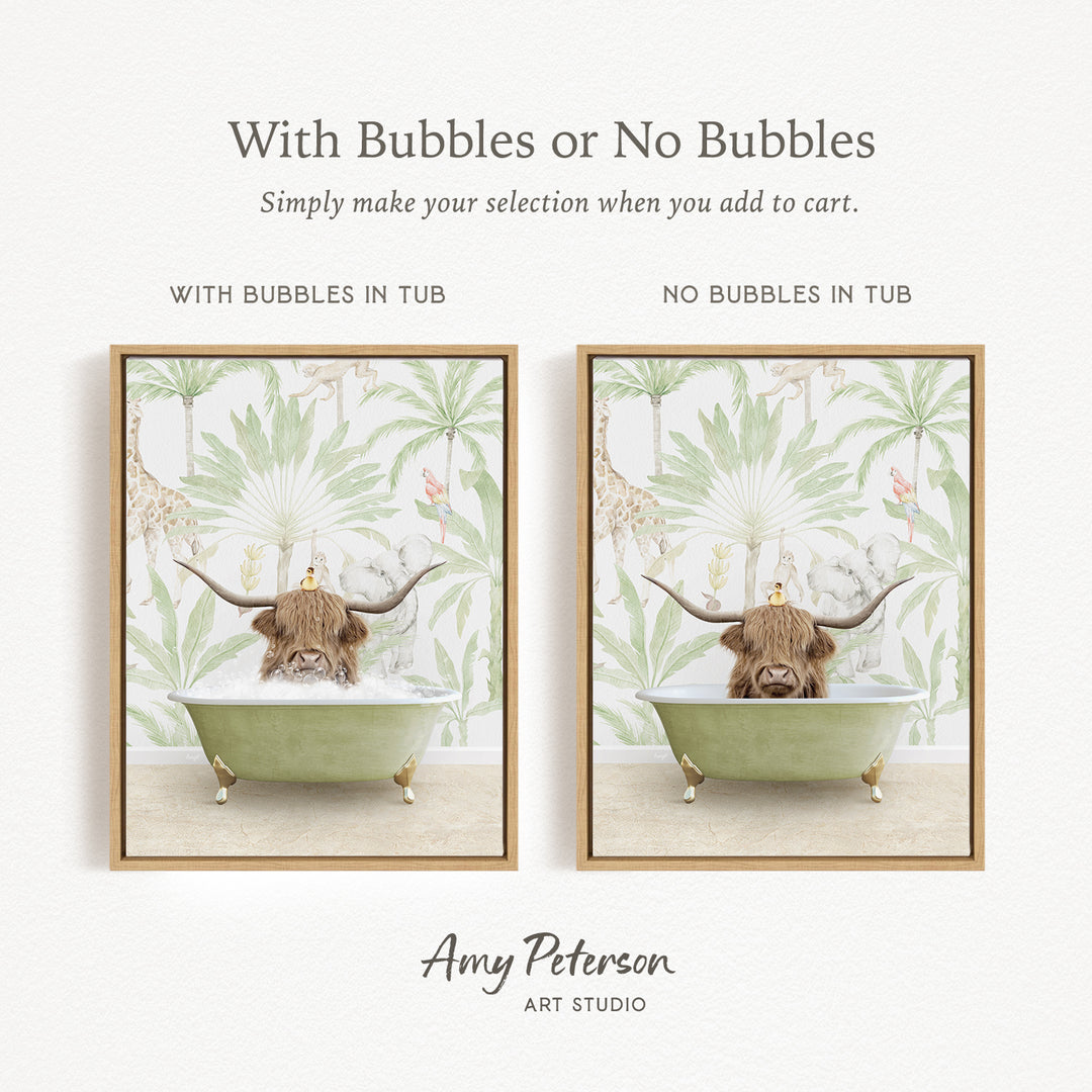 The image is a framed print featuring a cartoon bull sitting in a bathtub, with the bull's horns and head submerged in the water. The bull is surrounded by a tropical wallpaper background.