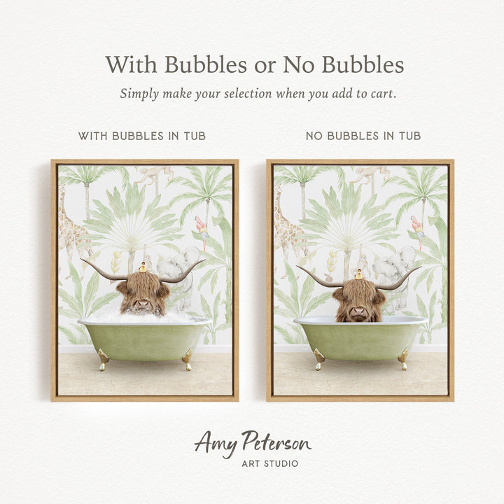 The image is a framed print featuring a cartoon bull sitting in a bathtub, with the bull's horns and head submerged in the water. The bull is surrounded by a tropical wallpaper background.