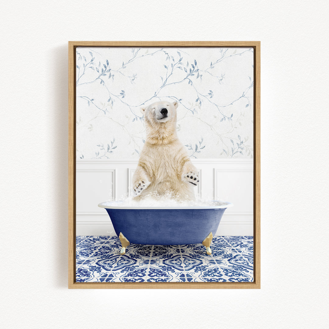 A polar bear sitting in a blue bathtub filled with water, surrounded by a blue and white patterned floor.