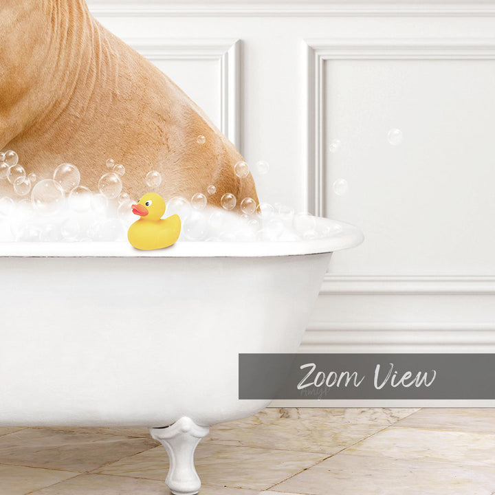 A yellow rubber duck sits in a white bathtub filled with bubbles, with a white wall and text overlay in the background.