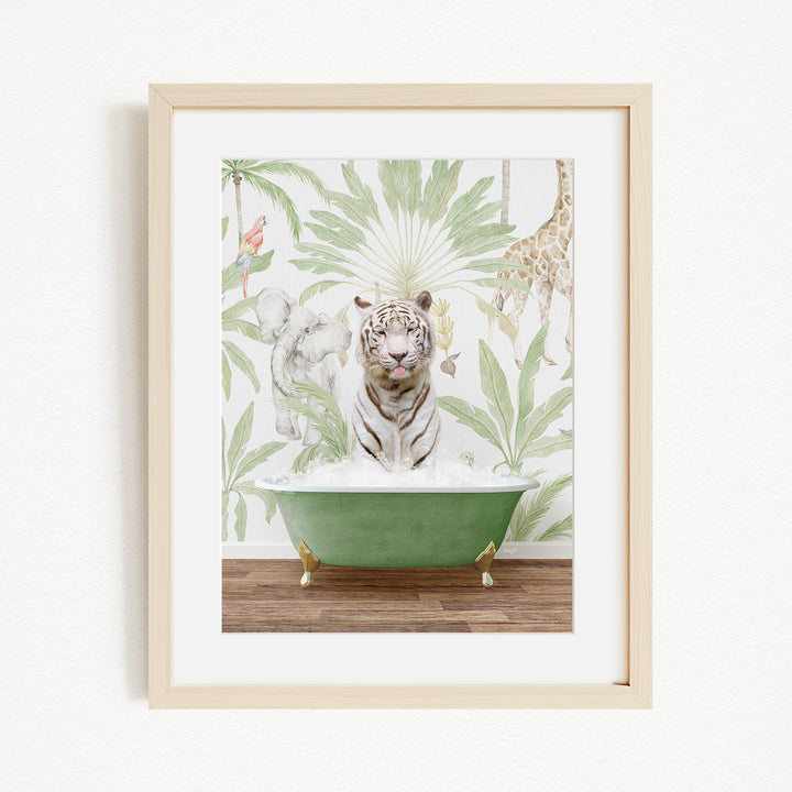 A framed image depicting a tiger sitting in a green bathtub, surrounded by tropical foliage and other animals.