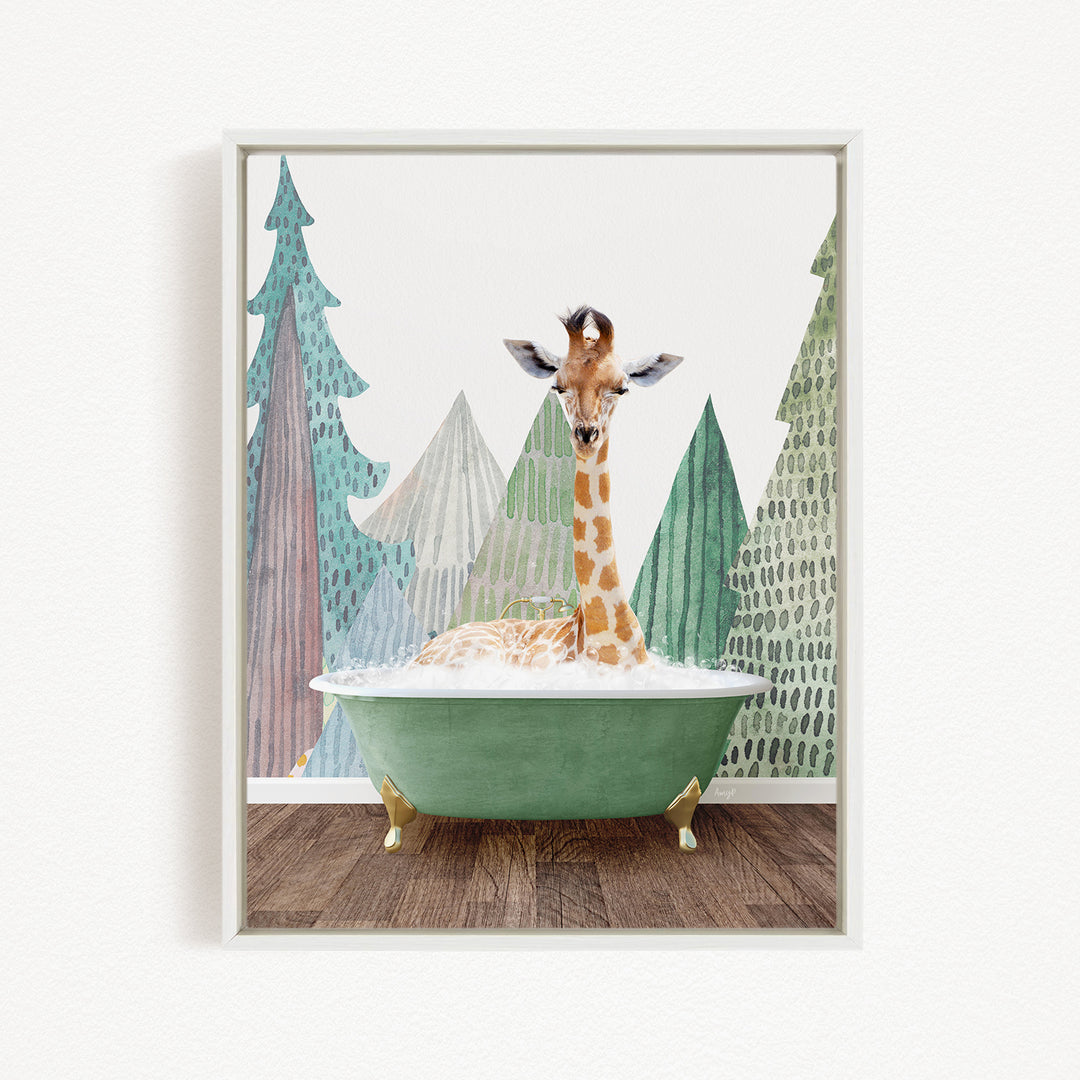 A giraffe is sitting in a green bathtub, surrounded by a forest-themed background with trees and a snowy landscape.