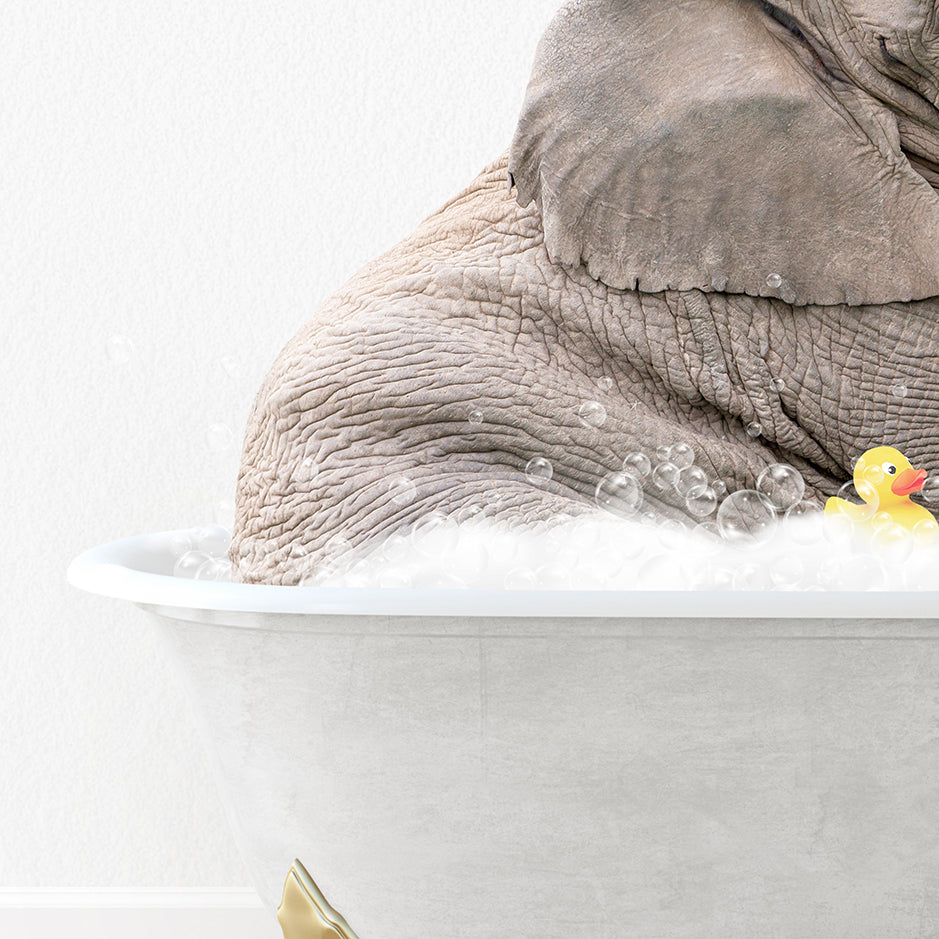 an elephant and a rubber duck in a bathtub