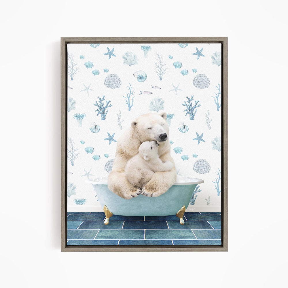 A polar bear is sitting in a bathtub filled with water, surrounded by a pattern of blue and white seashells and starfish.