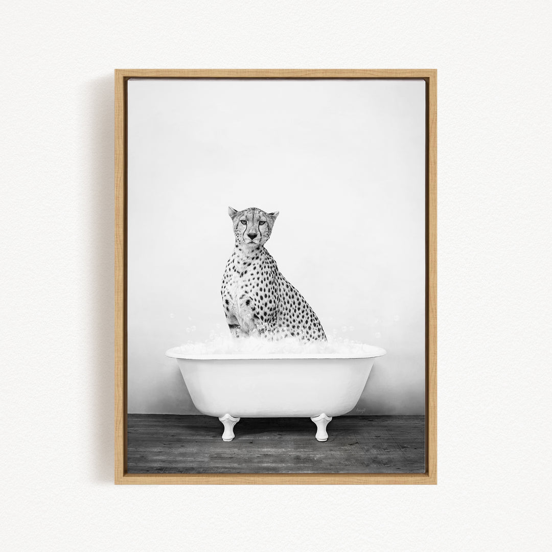 A cheetah sitting in a white bathtub filled with water, creating a striking and unusual scene.