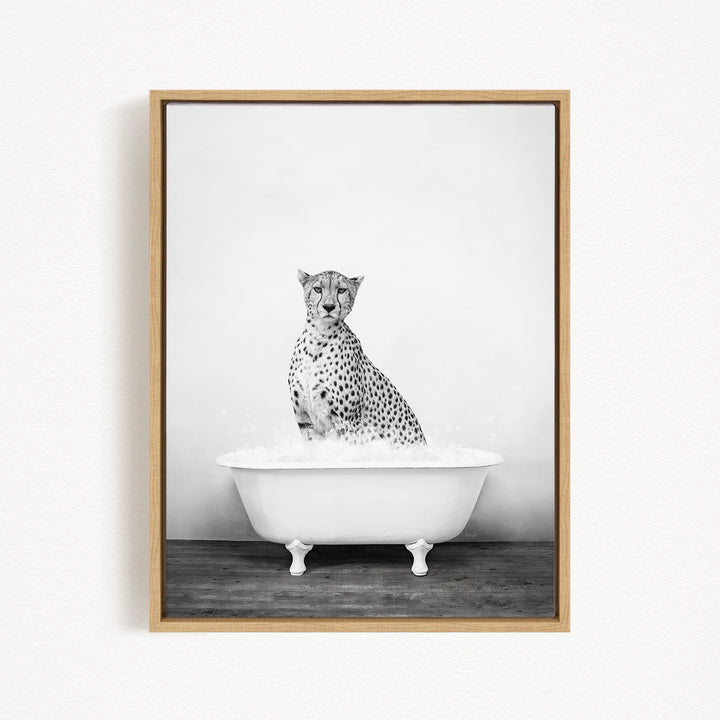 A cheetah sitting in a white bathtub filled with water, creating a striking and unusual scene.