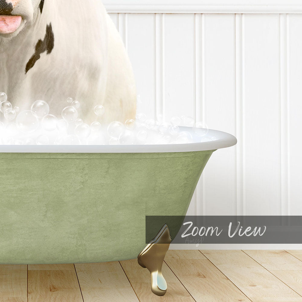 A white cow is standing in a green bathtub filled with bubbles, with a "Zoom View" label visible in the bottom right corner.