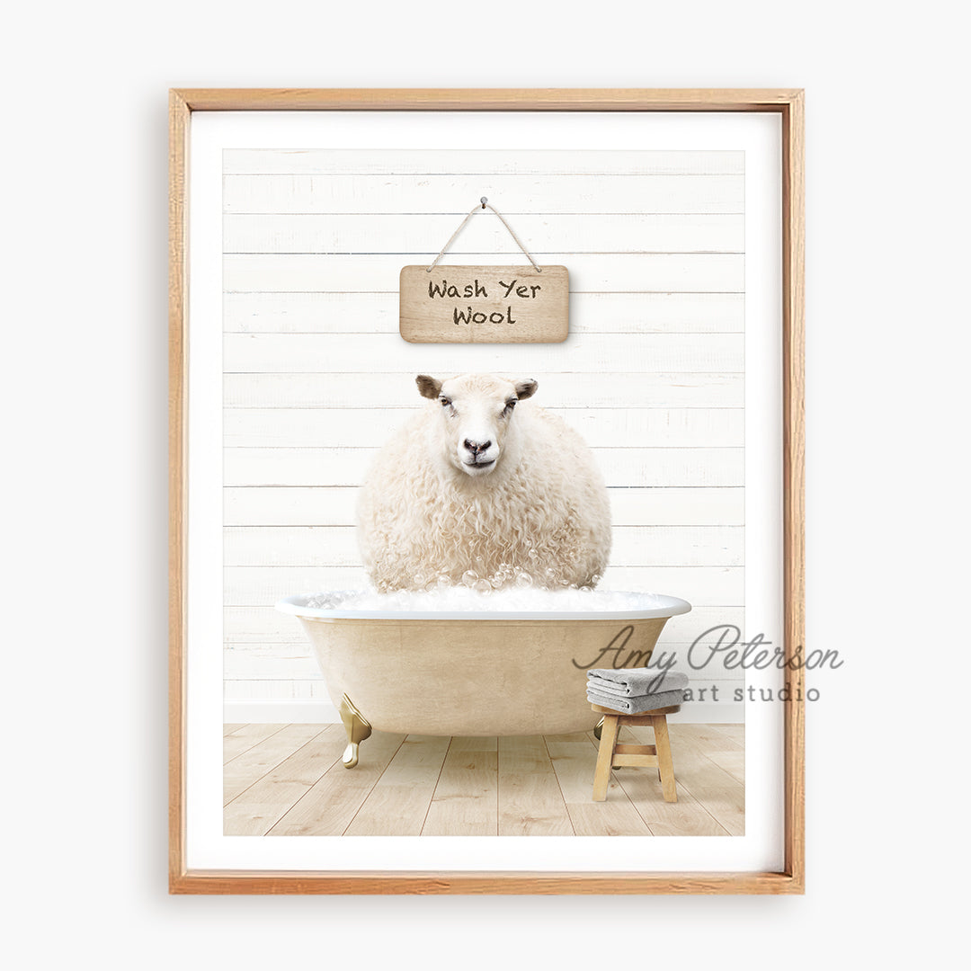 a sheep sitting in a bathtub with a sign above it