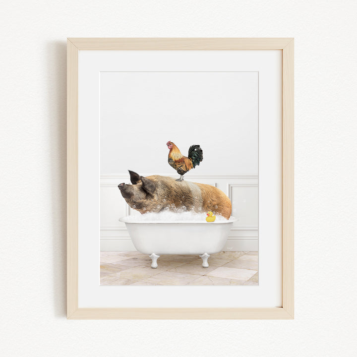 A rooster stands on a pig's back while the pig is sitting in a bathtub filled with water, with a yellow rubber duck floating nearby.