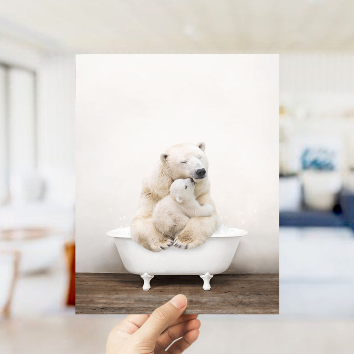 A polar bear and its cub sitting together in a bathtub, with the polar bear appearing to be hugging the cub.
