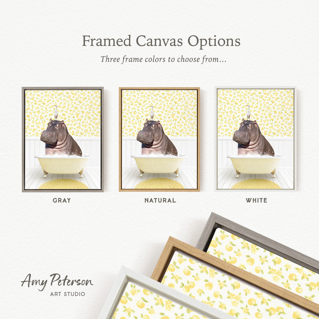The image is a framed canvas option featuring three different framed pictures of a hippopotamus in a bathtub, each with a different frame color: gray, natural, and white.