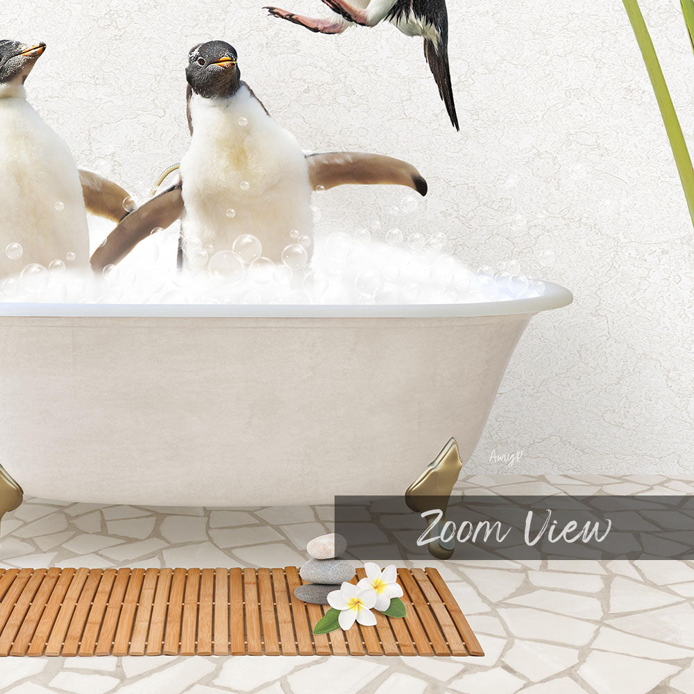 A white bathtub filled with bubbles, with two penguins standing in it. A bird is flying above the bathtub, and there is a wooden mat on the floor.
