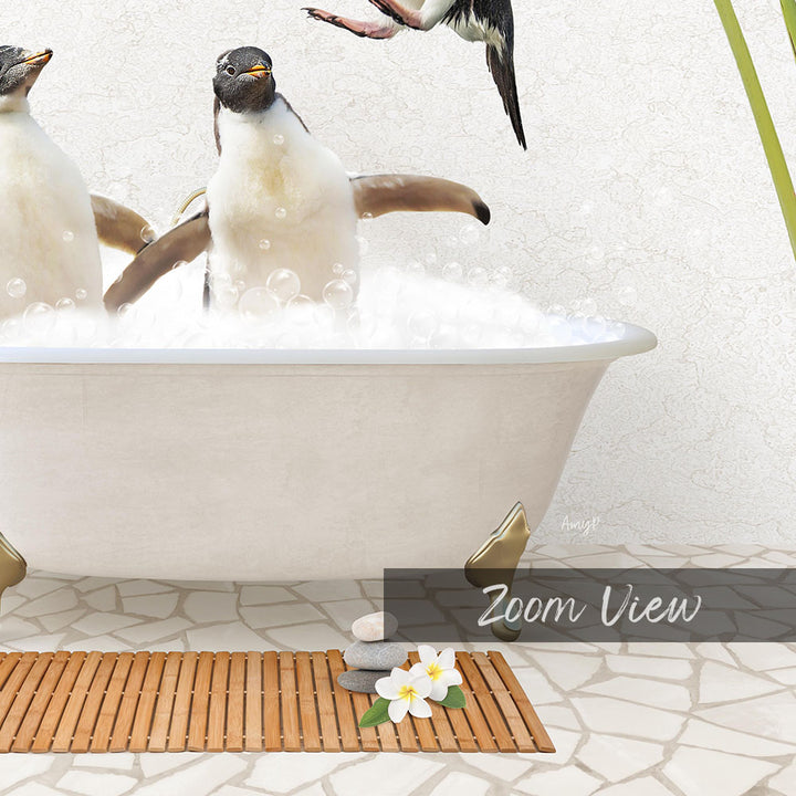 A white bathtub filled with bubbles, with two penguins standing in it. A bird is flying above the bathtub, and there is a wooden mat on the floor.