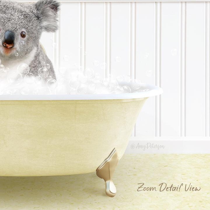 A koala bear sitting in a bathtub filled with bubbles, with a white wall and text overlay in the background.