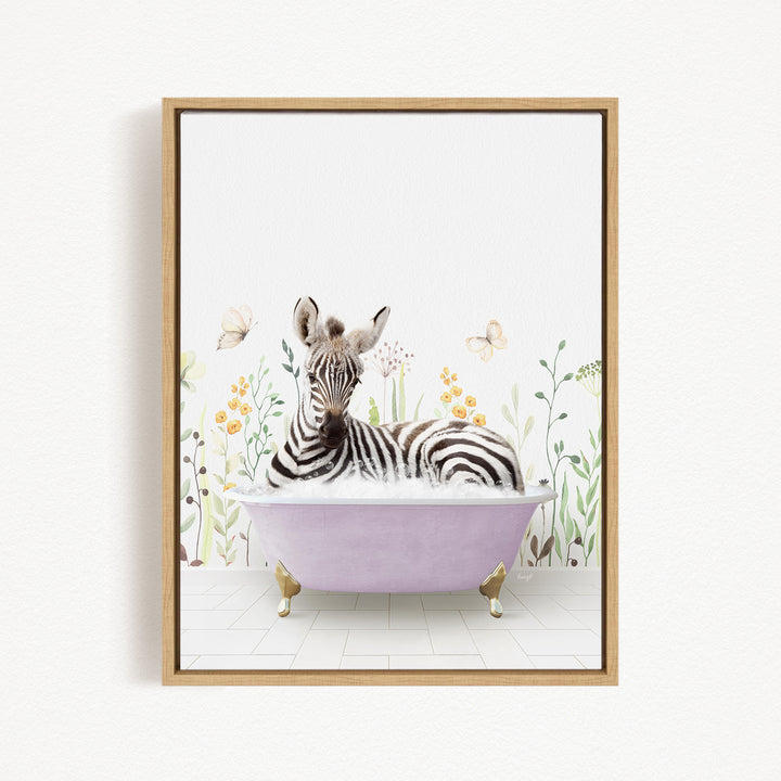 A zebra is sitting in a purple bathtub, surrounded by flowers and butterflies, creating a whimsical and playful scene.