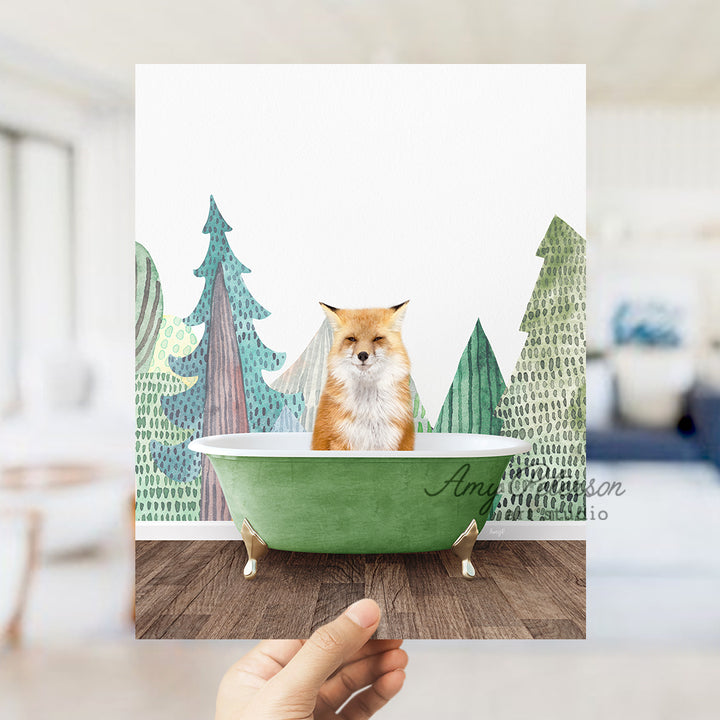 a hand holding up a card with a picture of a fox in a bathtub