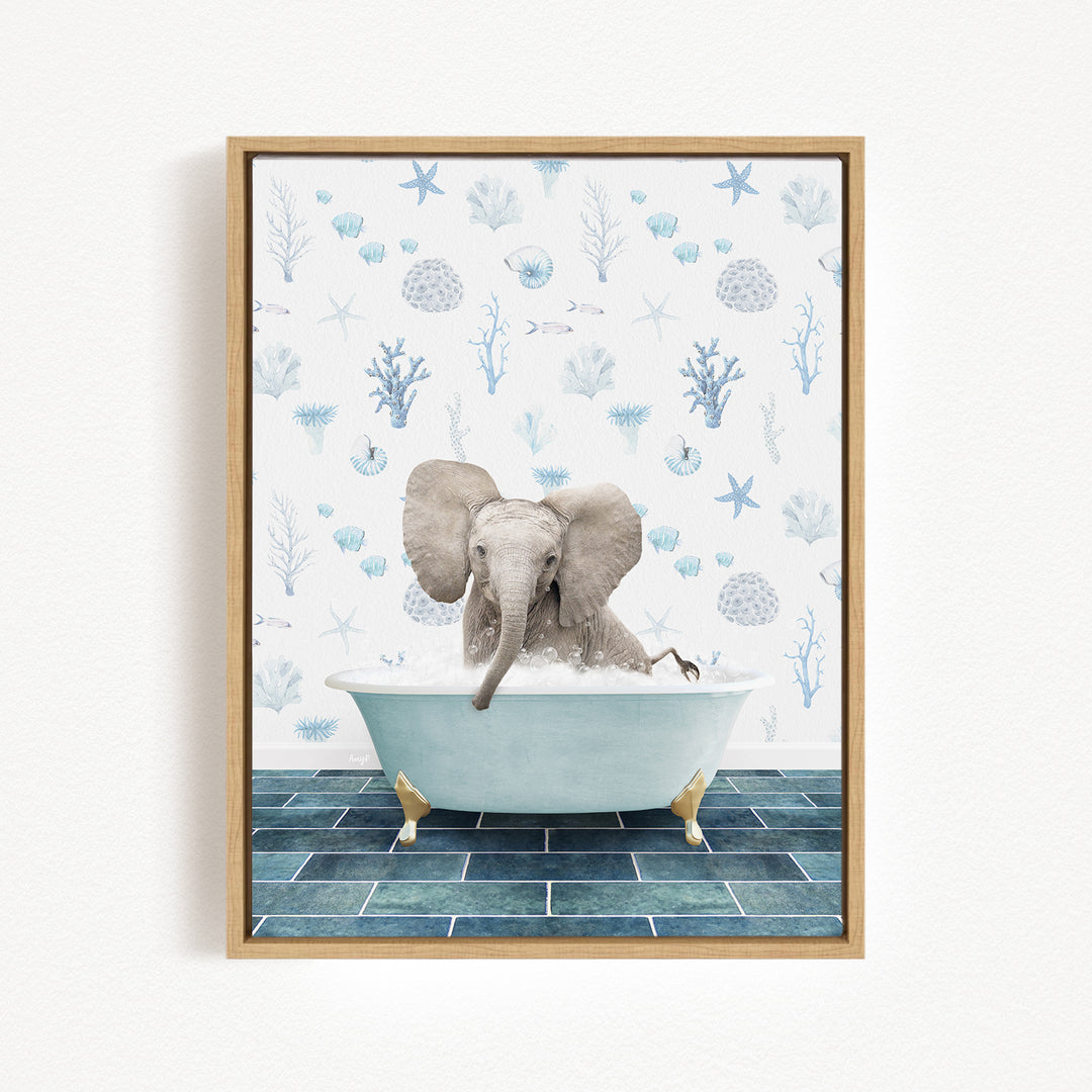 A baby elephant sitting in a bathtub filled with water, surrounded by blue and white seashells and starfish on the wall behind it.