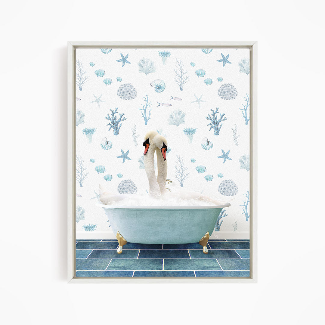 A white swan is sitting in a blue bathtub filled with bubbles, surrounded by a pattern of seashells and starfish on the wall behind it.