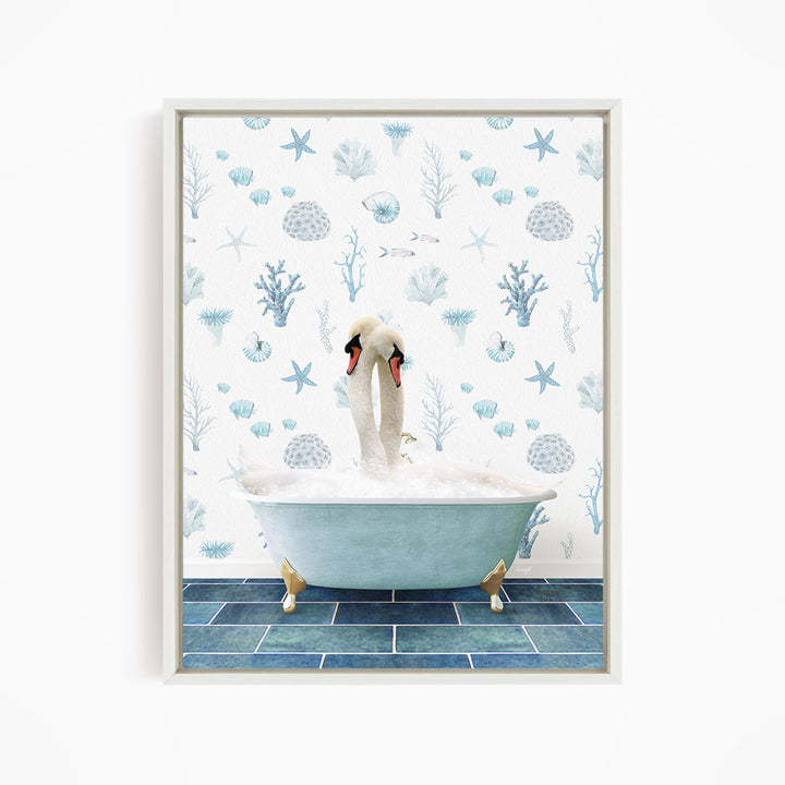 A white swan is sitting in a blue bathtub filled with bubbles, surrounded by a pattern of seashells and starfish on the wall behind it.