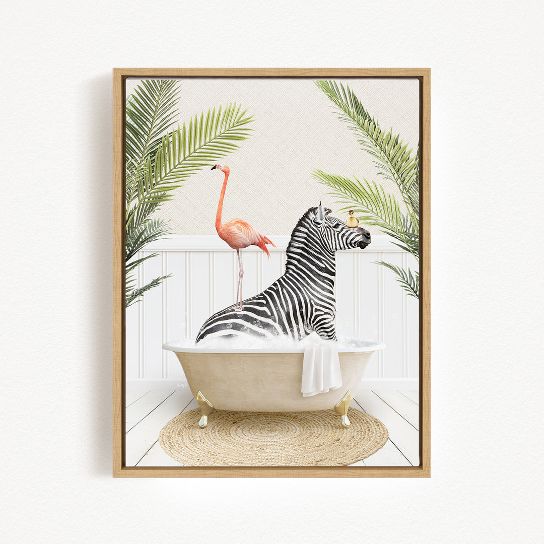 A framed image depicting a zebra sitting in a bathtub, with a pink flamingo standing on its back and a palm tree in the background.