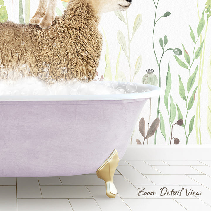 A fluffy brown sheep is sitting in a pink bathtub filled with bubbles, surrounded by a green plant-themed wallpaper.