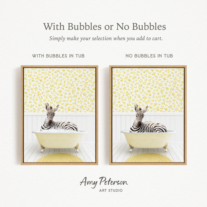 The image is a framed print featuring a zebra sitting in a bathtub, with a yellow and white floral pattern on the wall behind the zebra. The print has a simple design with a clean, minimalist aesthetic.