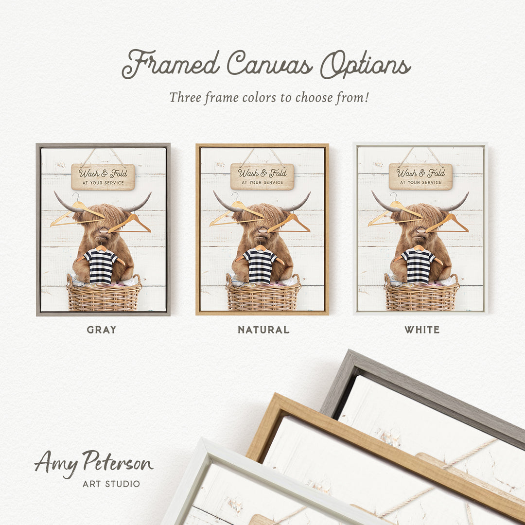 three framed canvas options featuring a cow with horns in a basket, each with a different frame color: gray, natural, and white.